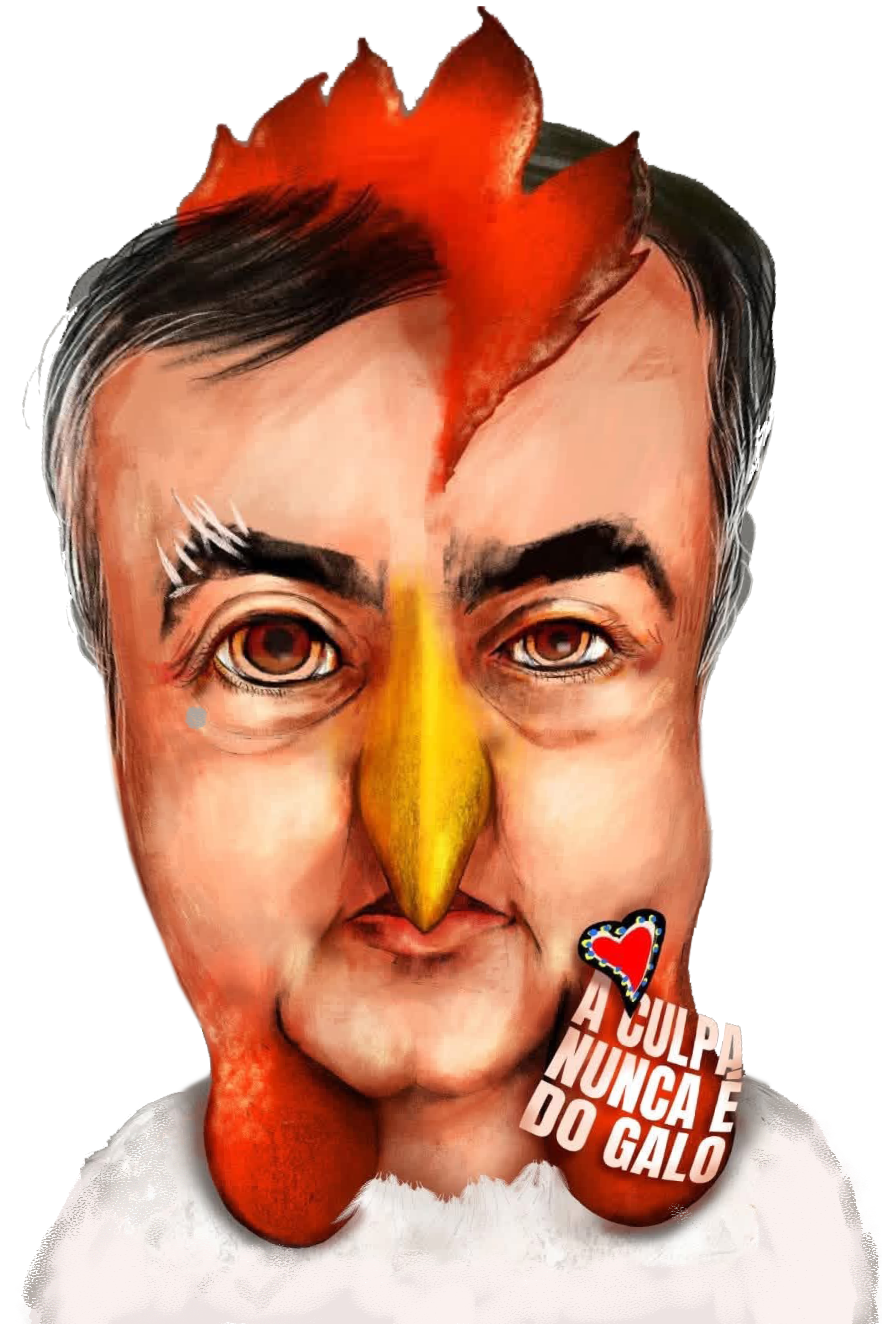 Caricatura zoomórfica de um político com corpo de galo, do bestiário de Pedro Brito